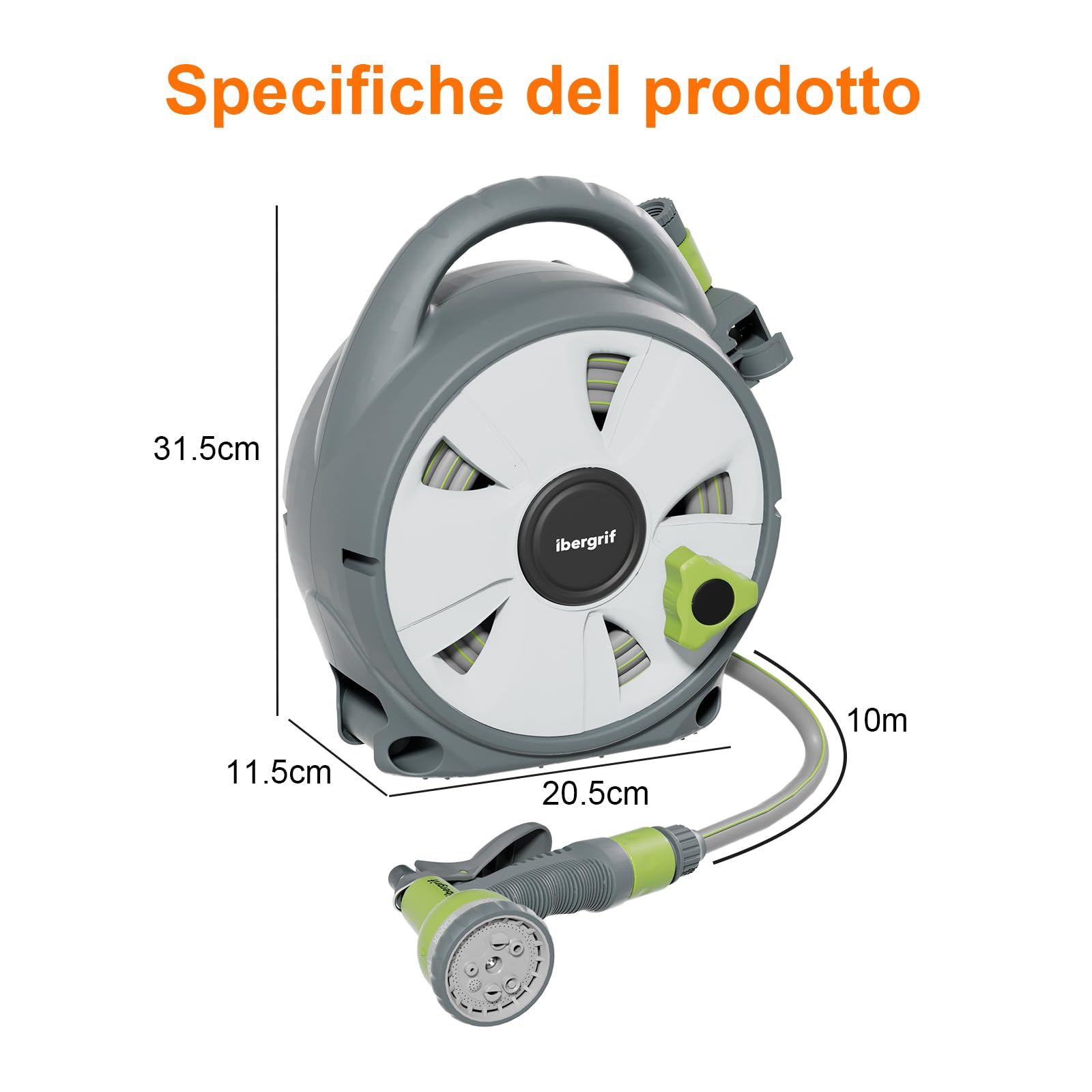 Ibegrif M22220 Avvolgitubo 10M con Pistola per Irrigazione 8 Modelli Regolabili, per camper, campeggio, caravan, Grigio