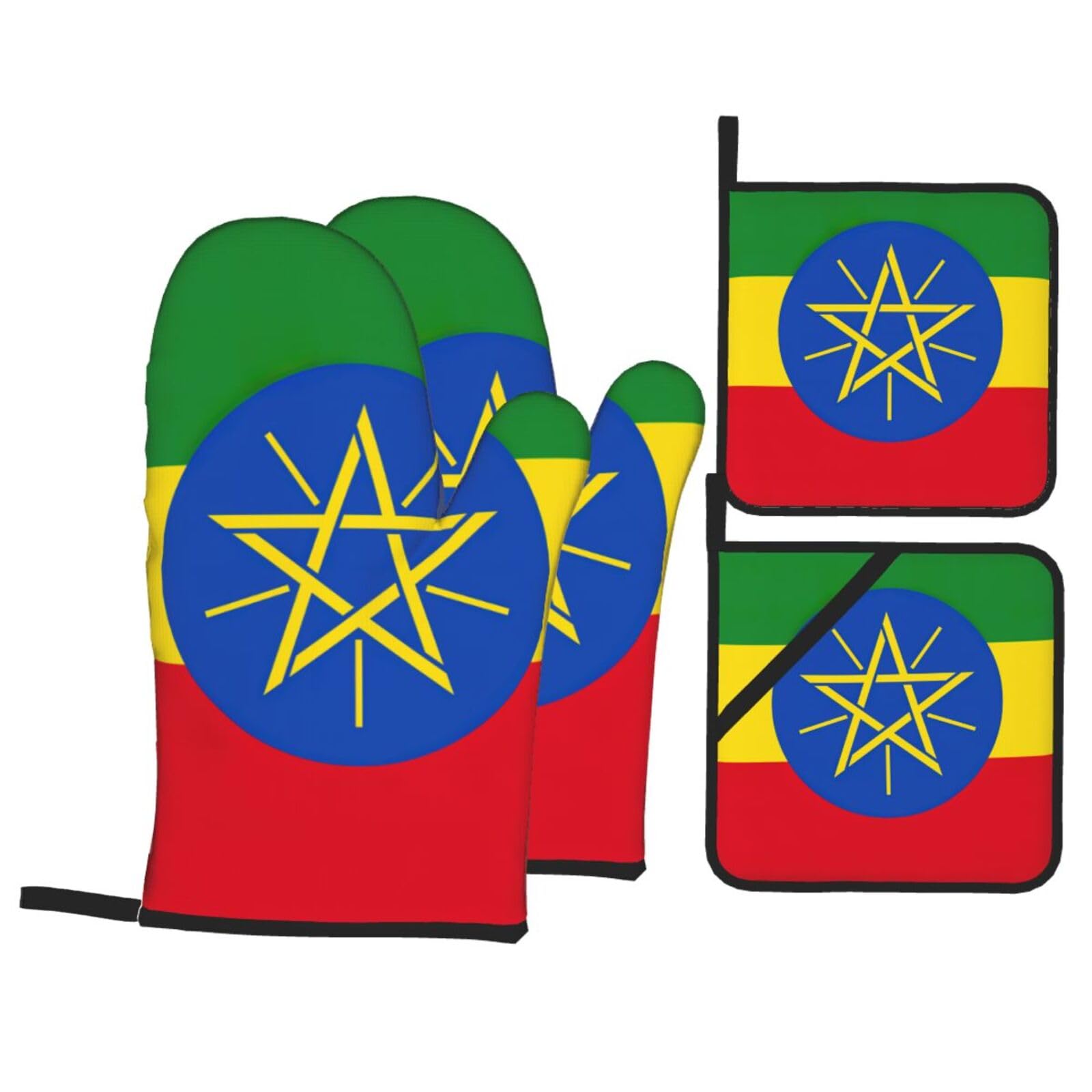 Flag of Ethiopia Print 4-Piece Heat-Resistant Oven Waterproof Kitchen Gloves Cooking Roasting Essential