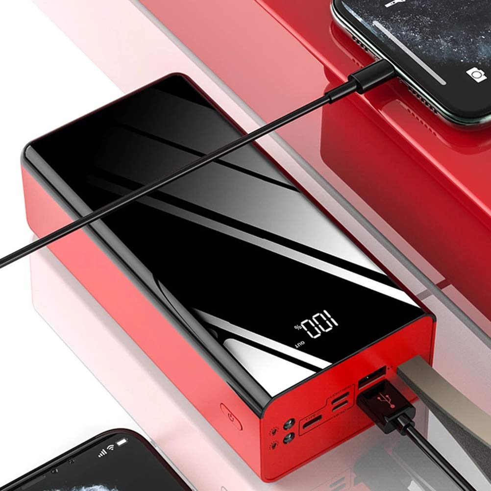 Mobilny powerbank, 50000 mAh przenośne pełne lustro ładowanie, ładowarka USB z podwójną diodą LED i smyczą na klucze, do telefonów komórkowych, smartfonów, kolor czerwony