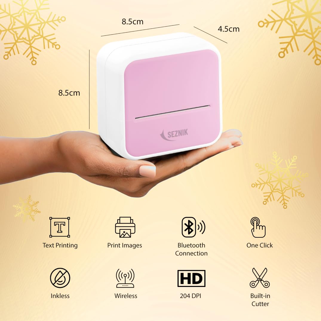 SEZNIK Mini Printer, Inkless, Thermal, Bluetooth, Portable Printer, Compatible with Android, iOS Mobile. 1 Year Warranty (MiniX-Pink-Gift) 2
