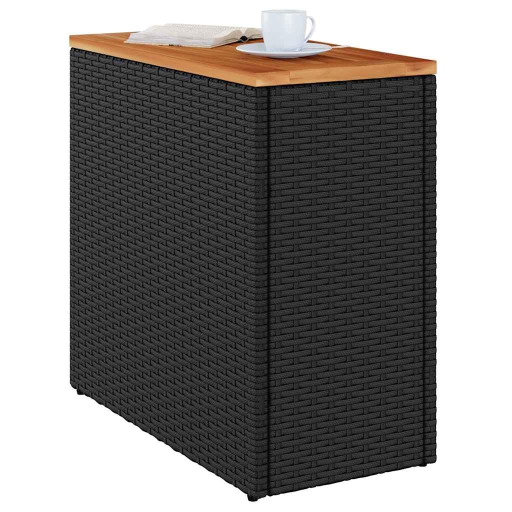 Stolik ogrodowy, czarny, 58 x 27,5 x 55 cm, wykonany z odpornego na warunki atmosferyczne polirattanu z blatem z drewna akacjowego, wytrzymały stół outdoorowy na taras i balkon
