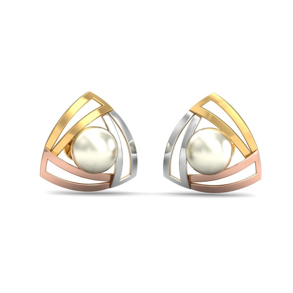 kuberbox 14KT Yellow Gold Diamond Tri-Tone Pearl Stud Earrings for Women-picture-35