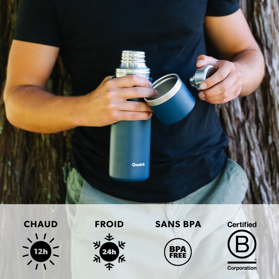 Qwetch - Thermo Isotherme Bahia Vert Tilleul 750ml - Thermo avec Gobelet Inox Recyclé - 24h Froid et 12h Chaud - Etanche & Idéale pour Café et Thé