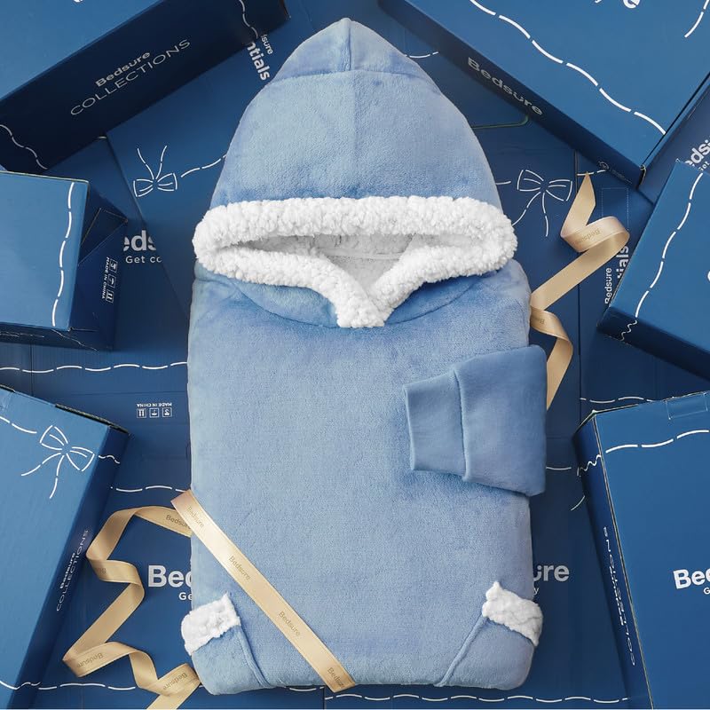Image of Bedsure Wearable Blanket Hoodie, Cozy Long Hooded Blanket Sweatshirt as Mothers Day Hoodie Gifts for Mom Women, Small, Sky Blue