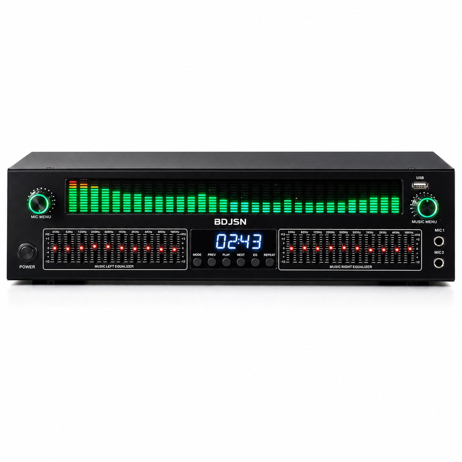 BDJSN Dsp Audio Equalizer, Green Dynamic Spectrum Display, Dual 10-band Stereo Eq Control, Bluetooth Audio Processor With Usb Playback, Optical Coaxial Aux Inputs, Dual Mic Jacks, Rca And Xlr Outputs