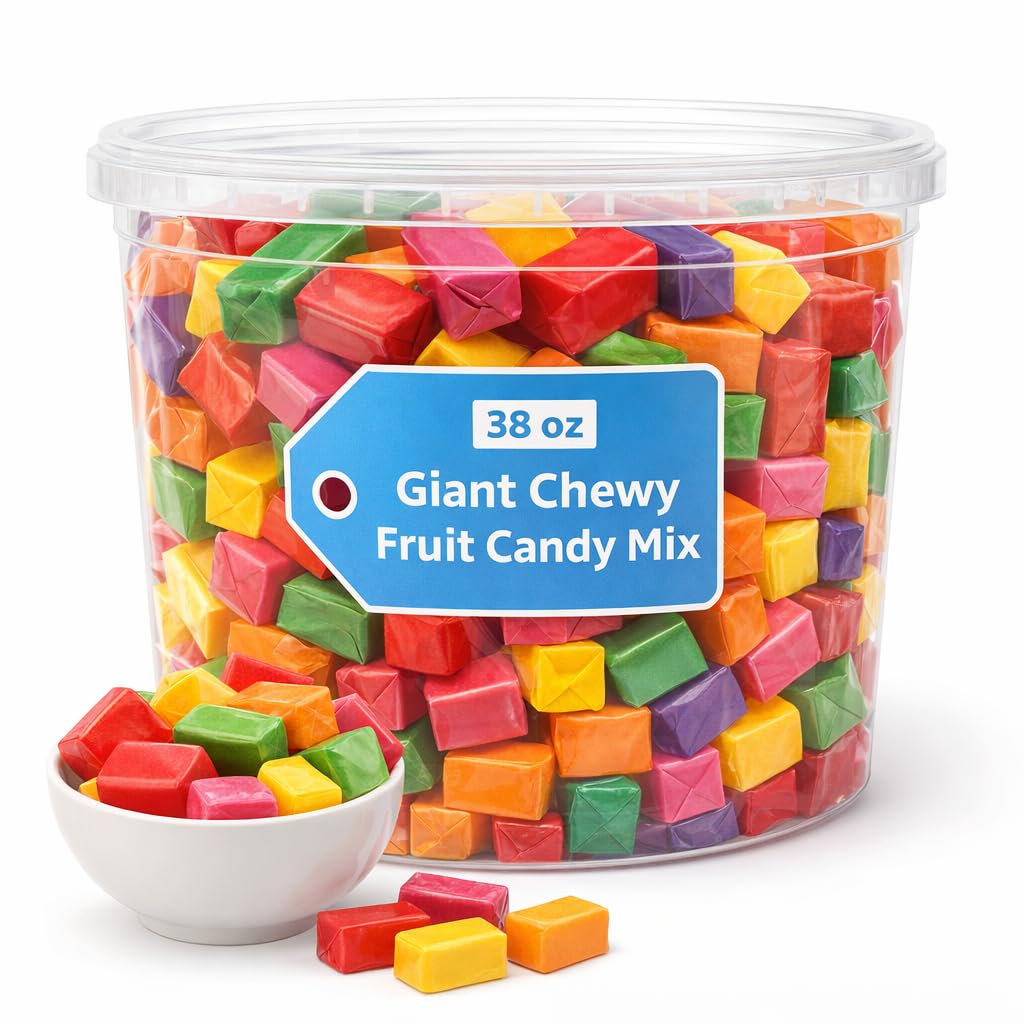 Giant Chewy Fruit Candy Mix – 38 oz Tub – Assorted Fruit Chew Candy – Individually Wrapped Mixed Fruit Chewy Candy for Parties and Snacking