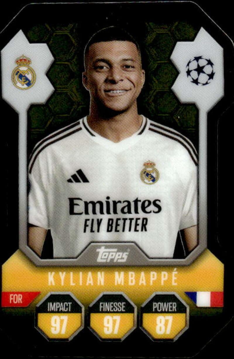 2024-25 Topps Match Attax UEFA Club Competitions Chrome Pro Elite Shield SH6 Kylian Mbappe Real Madrid CF Official Soccer Trading Game Card (Stock Photo Shown, Near Mint or Better Conditiion)