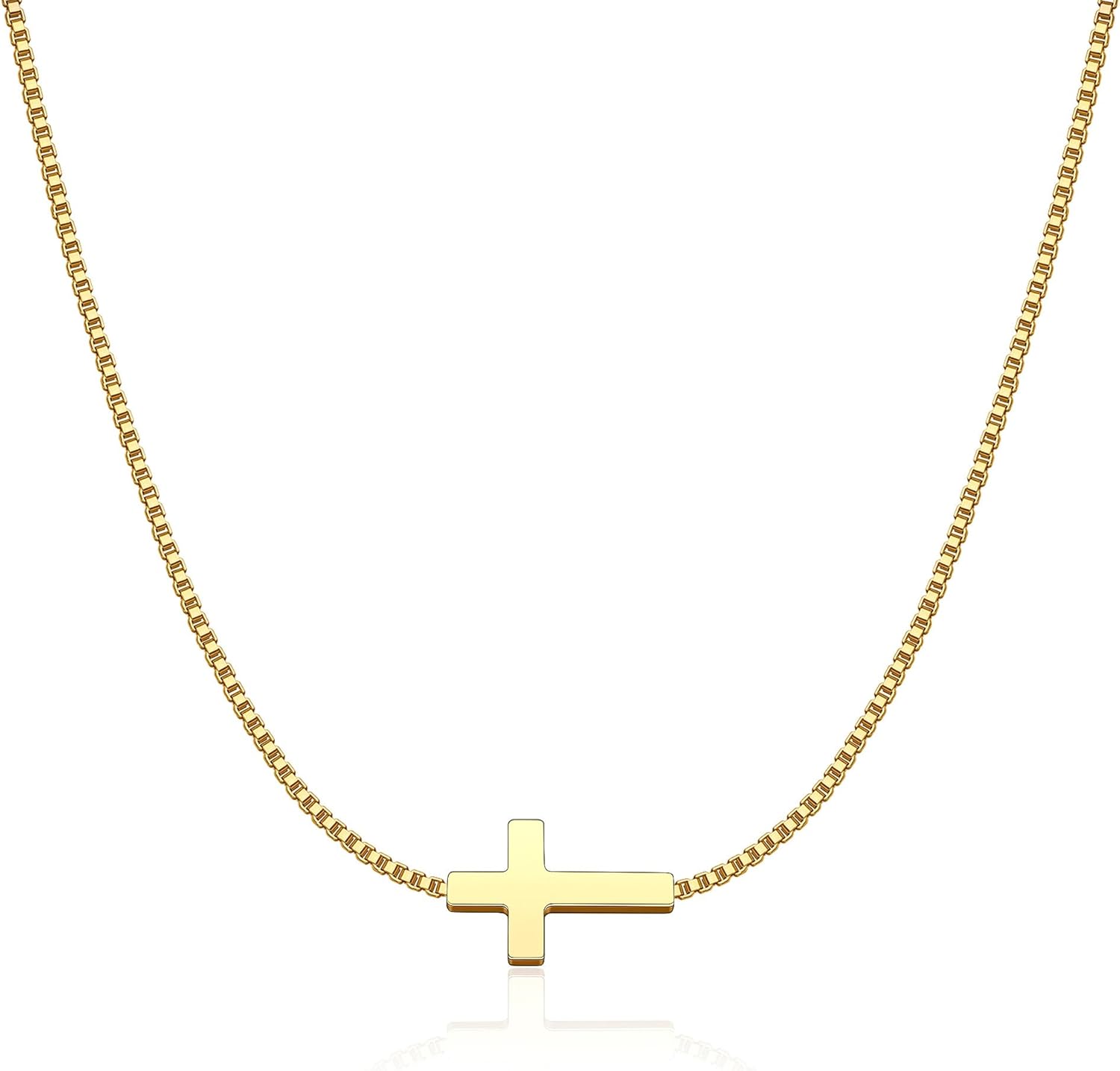 Rotnso Cross Necklace for Women 14K Gold Plated Dainty Small Sideways Cross Pendant Choker Simple Trendy Cute Cross Charm Box Chain Necklace Easter Basket Stuffers Baptism Religious Faith Jewelry Gift