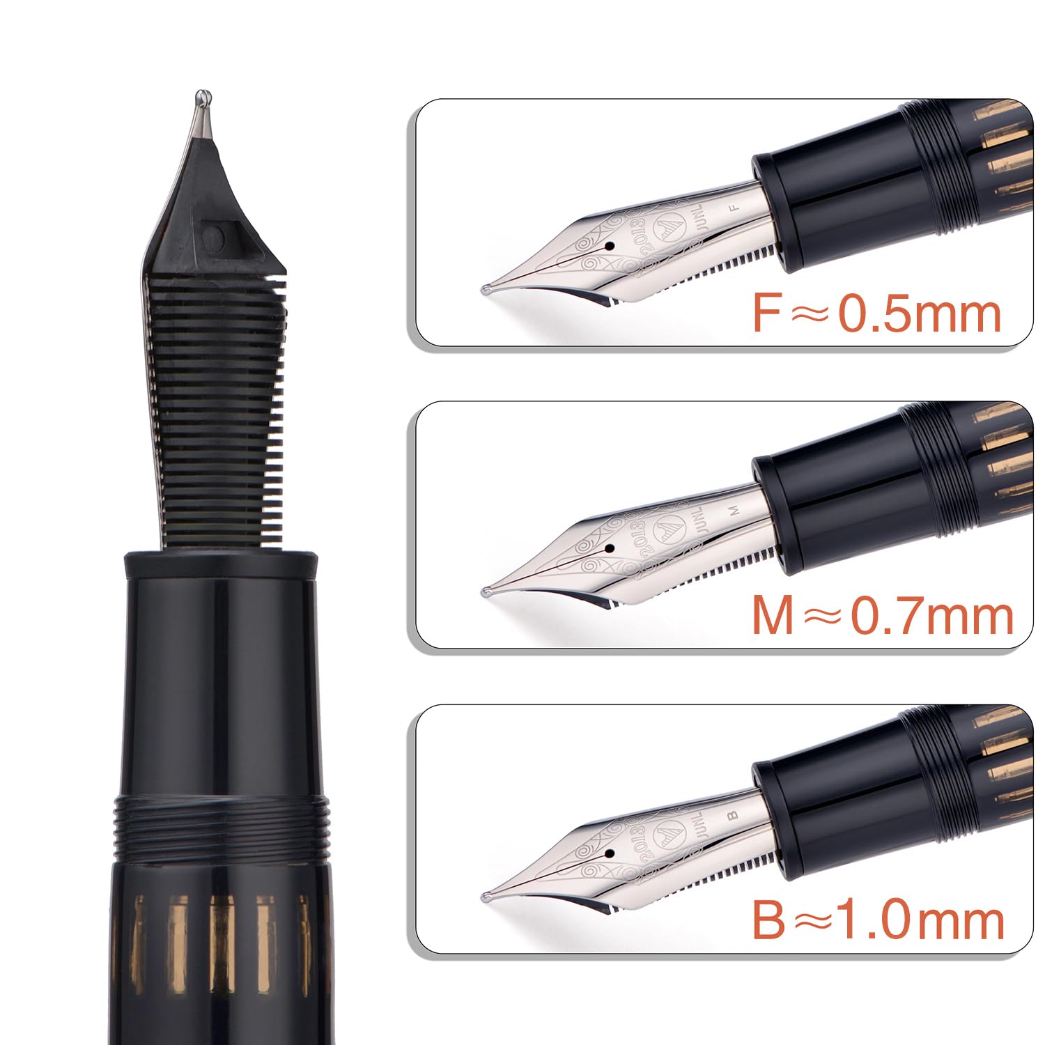 Yongsheng Junlai 930 - Pluma estilográfica acrílica, plumín mediano tamaño 9 con sistema de llenado de pistón, tanque de tinta de valla negro piano con diseño de forma de torpedo (Borde Plateado)
