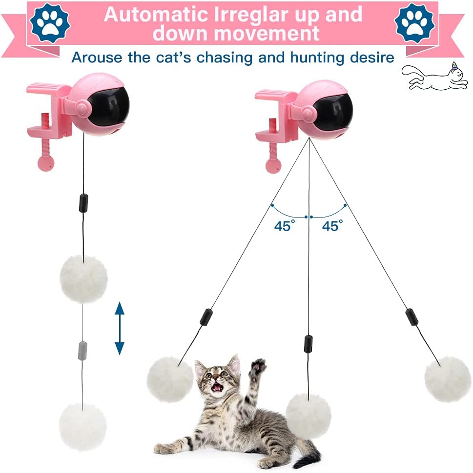 Hanging Cat Toys - Automatic Interactive Cat String Toys, Teaser Ball with 4 Refills - Cat Plush Toy Ball & Feather Toy - Up and Down for Indoor Cats