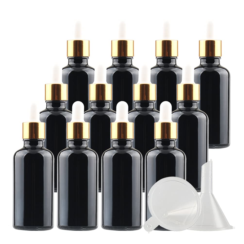 12 Pezzi 50 ml Bottiglie Contagocce in Vetro Nero con Pipetta Tappo a Vite Oro per Oli Essenziali, Contenitori di Aromaterapia, Cosmetici
