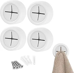 S&T INC. Round Adhesive Push Towel Hooks for Kitchen, Hand and Dish Towels, Matte White, 4 Pack