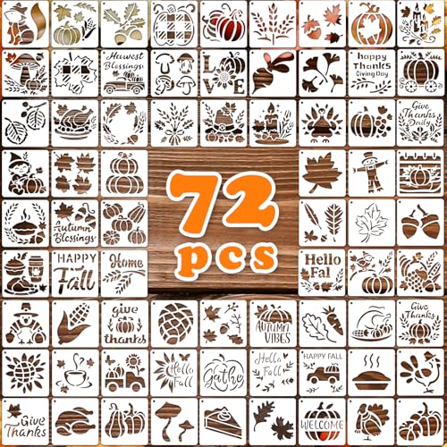 72 PCS 3x3 Inch Thanksgiving Stencils for Painting - Pumpkins Gourds Autumn Leaves Wheat Turkey Reusable Thanksgiving Painting Templates on Wood Glass Fabric Window Door Decor DIY Decoration