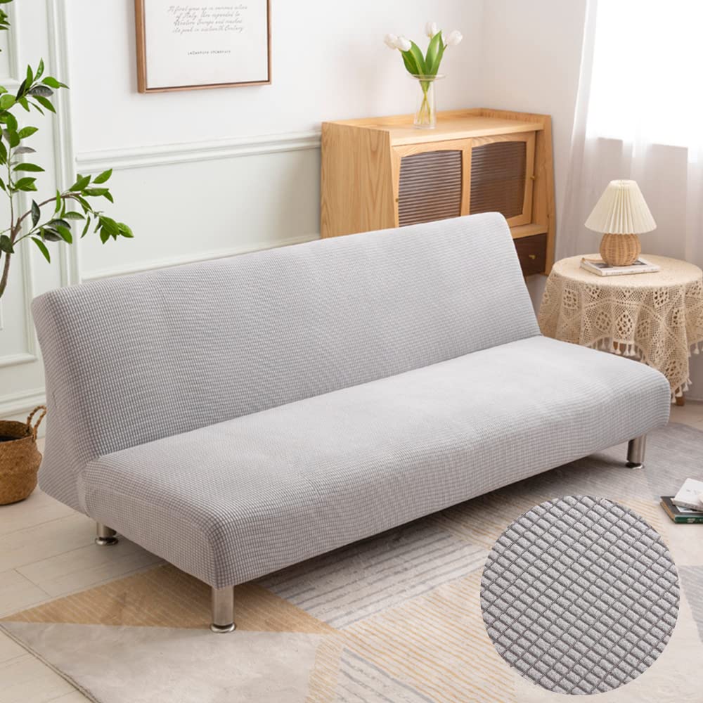 DOTBUY-SHOP Armless Sofa Bed Cover Stretch Jacquard Futon Slipcover Furniture Protector Solid Color Non-slip Universal Fitted Couch Sofa Cover for Folding Sofa Bed (Light Grey,S::120-150cm)