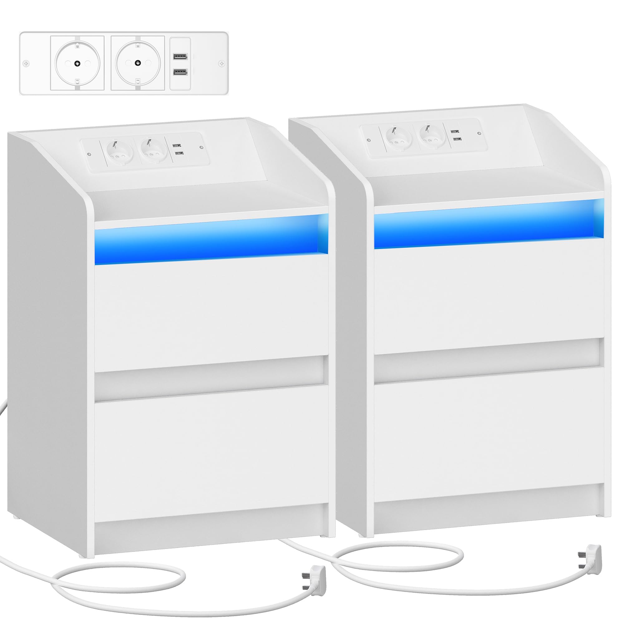 Hzuaneri Tables de Chevet avec lumières LED, Lot de 2, Station de Chargement et 2 tiroirs, Table d'appoint avec Ports USB et Prises électriques, pour la Chambre à Coucher, Blanc NS30103X