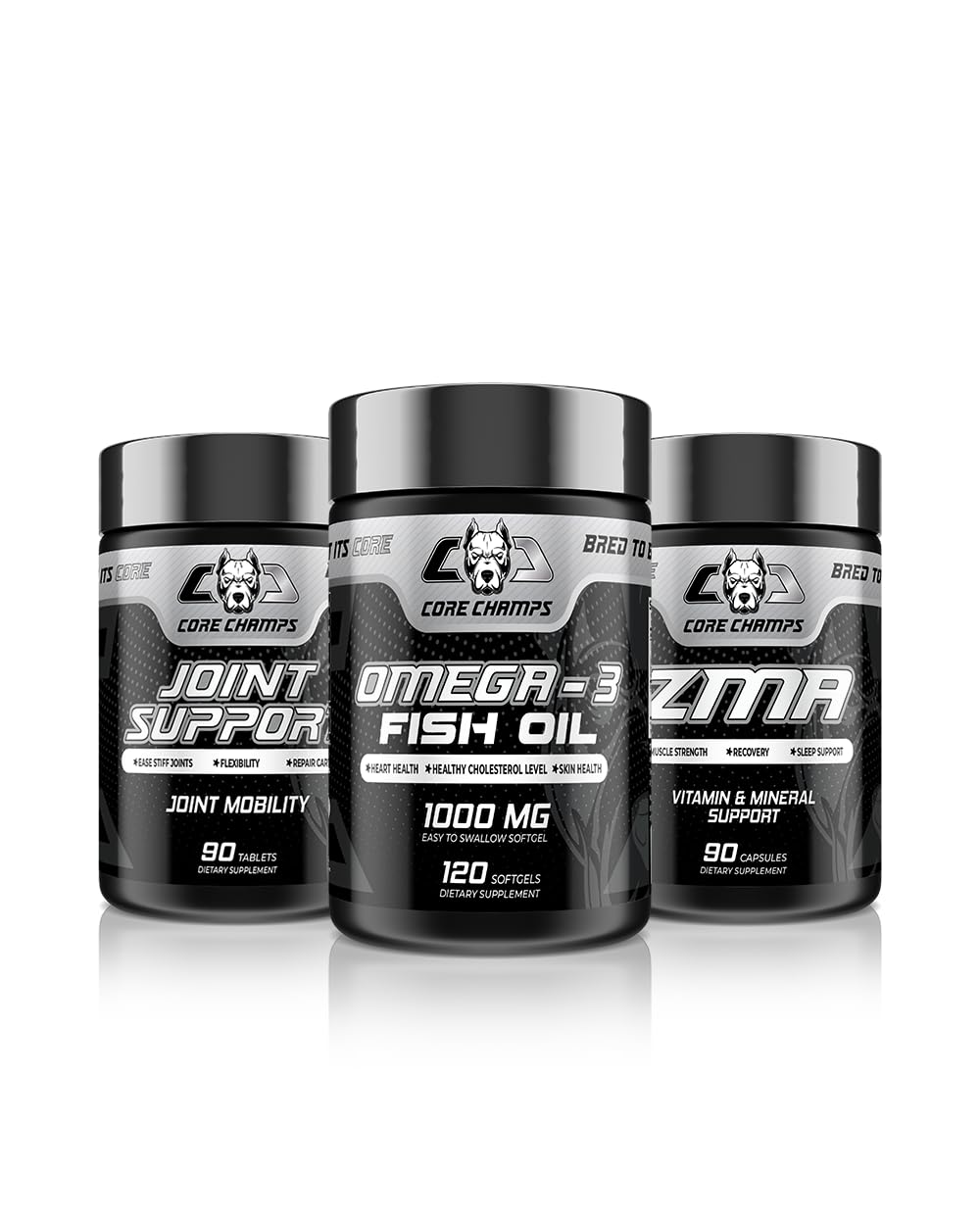 Core Champs Bundle - Omega-3 Fish Oil 1000mg 120 Softgels (60 Servings) + Joint Support 90 Tablets (30 Servings) + ZMA 90 Capsules (30 Servings)