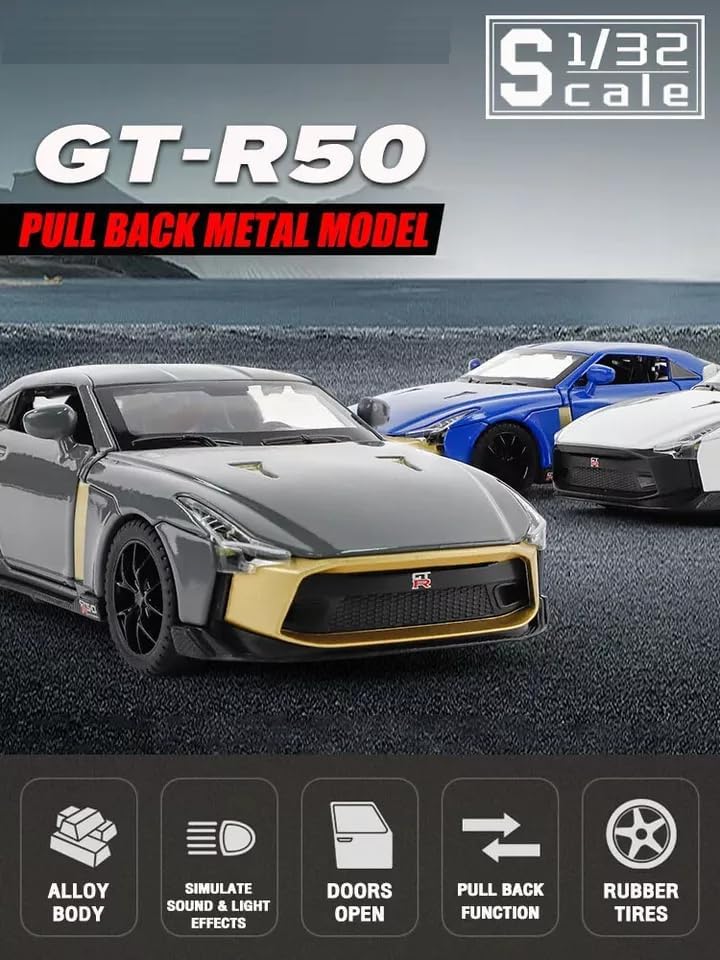 Image of Alokik Enterprise 1:32 Nissan GTR R50 Die-cast Metal Pull Back Car with 2 Openable Doors with Lights and Sound Toy Decoration, Showpiece Car Best Gift Toys for Kids 【White】