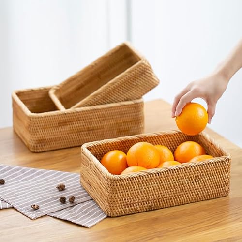 Rattan Storage Baskets, Wicker Baskets for Organizing, Hand Woven Decorative Box for Kitchen Counter, Living Room, Bathroom, Set of 3 (Rectangular) - Cosy Home Interiors Rattan Storage Baskets, Wicker Baskets for Organizing, Hand Woven Decorative Box for Kitchen Counter, Living Room, Bathroom, Set of 3 (Rectangular) - Image 2