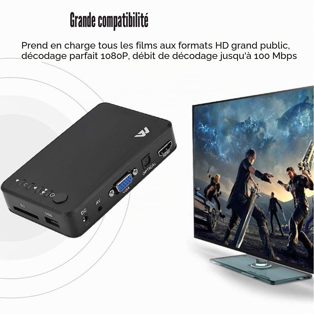 ASHATA Lecteur vidéo HD 1080P - Lecteur vidéo HD - Lecteur multimédia avec télécommande Infrarouge - Prise en de la clé USB, Disque Dur Mobile, Carte SD, Disque Dur Mobile de 2,5" (3,5")