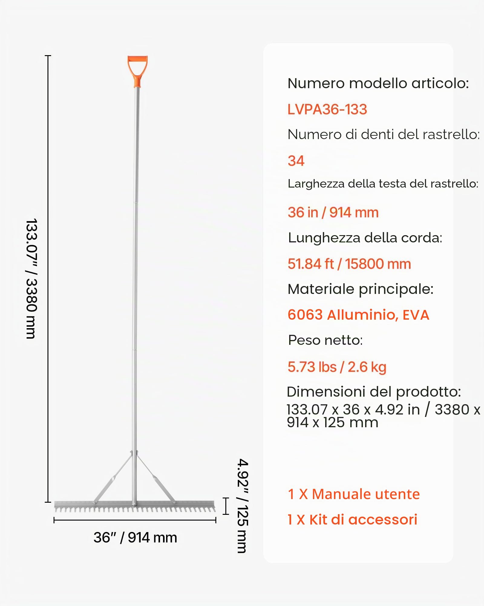 VEVOR Rastrello da Giardino Testa Larga 914 mm Manico da 2590 mm Grande e Robusto Strumento per Rastrello da Giardino in Alluminio, Livella per Asfalto per Allentare Il Terreno, Giardino