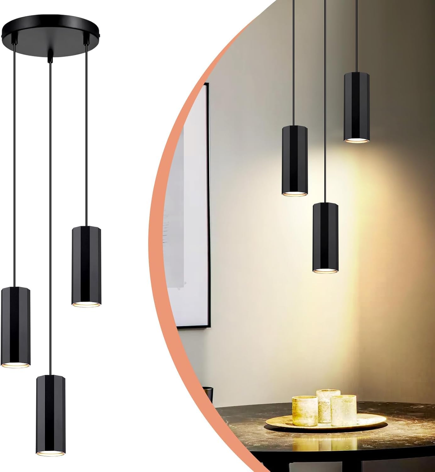 Glitzerlife Pendelleuchte Schwarz 3 Flammig Esstisch - Hängelampe GU10 Hängeleuchte Küche Hänged Esszimmerlampe Metall Höhenverstellbar pendellampe für Innen Esszimmer Schlafzimmer Wohnzimmer