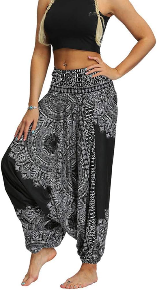 Whitewhale Women Casual Peacock Print Summer Loose Yoga Trousers Baggy Boho Aladdin Jumpsuit Harem Pants
