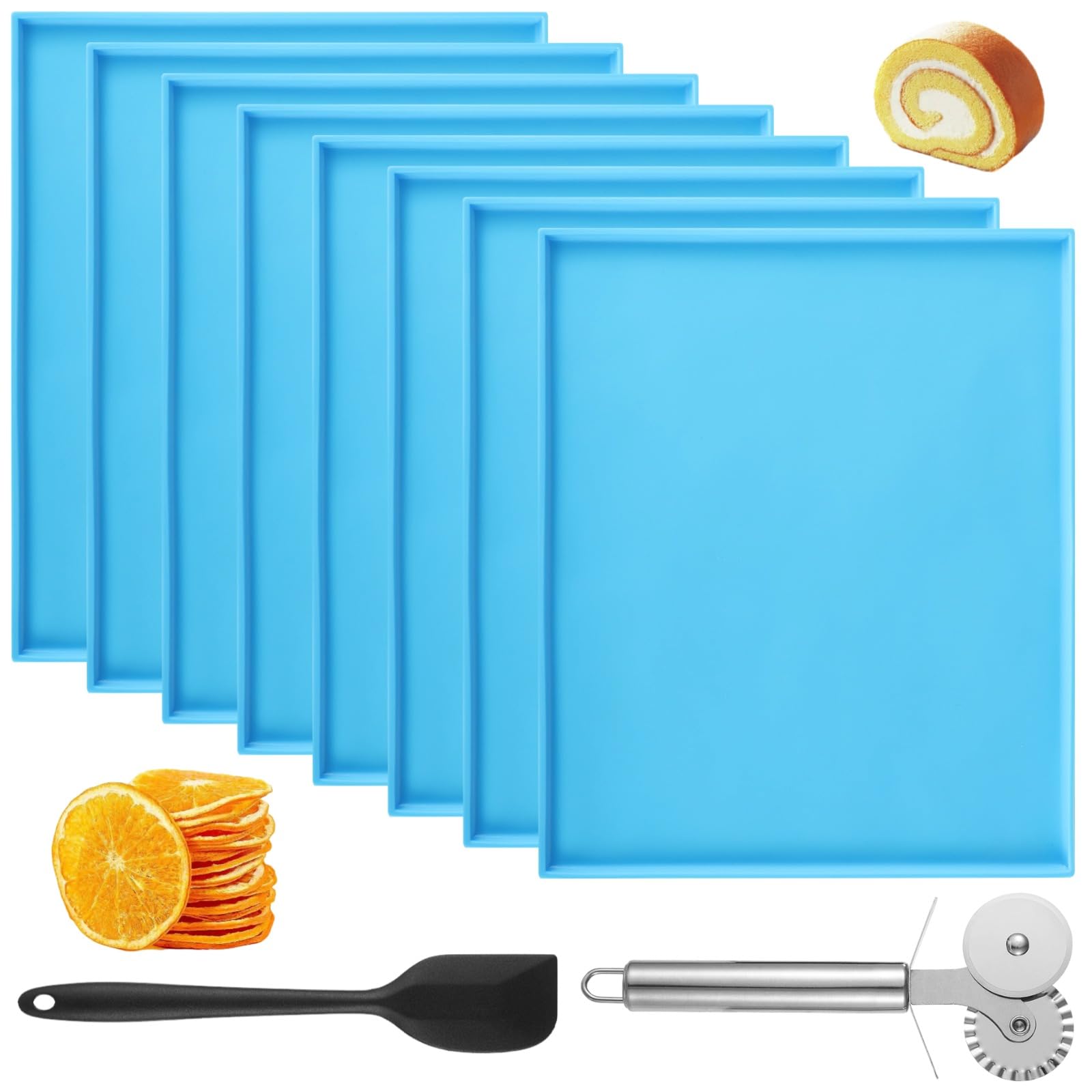 Skdqiee 8 Pcs Silicone Dehydrator Trays Set, Dehydrator Sheets with Scraper & Pizza Cutter Wheel, Non-stick Fruit Leather Mats with Edges, Ideal Baking Tools for Fruit, Vegetable, Meat