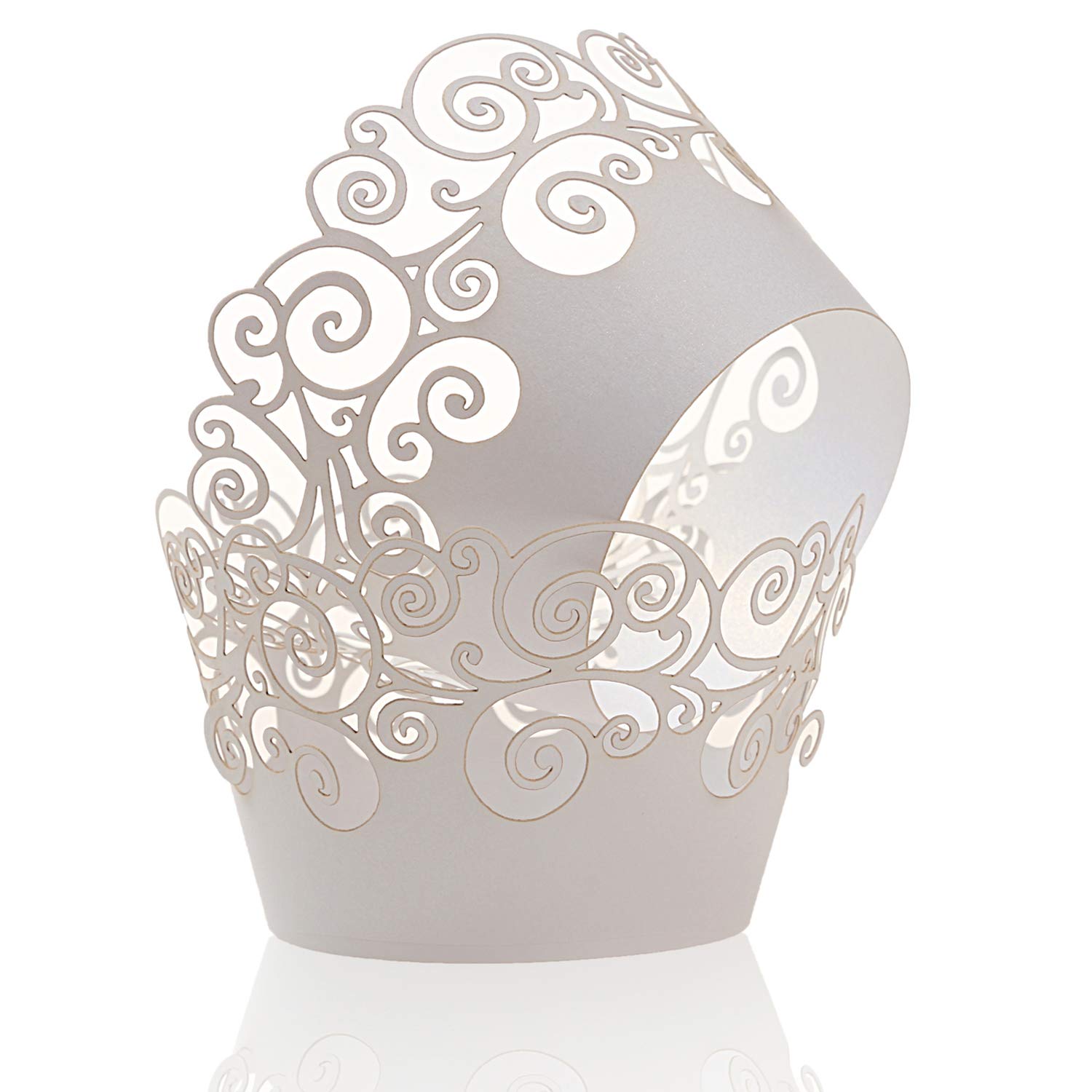 Cupcake Wrappers, KPOSIYA 100 Pack Cupcake Wraps Filigree Artistic Bake Cake Paper Cup Little Vine Laser Cut Liner Baking Cups Muffin Case Trays for Wedding Party Birthday Decoration (100, White)