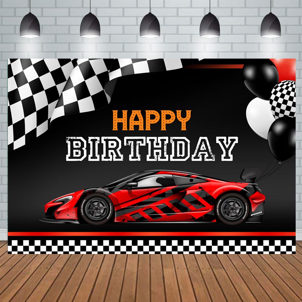 Aperturee Racing Car Happy Birthday Backdrop for Photography 5x3ft Cool Red Car Photo Background Balloons Flags Backgrounds Boy Kid Nursery Toddler