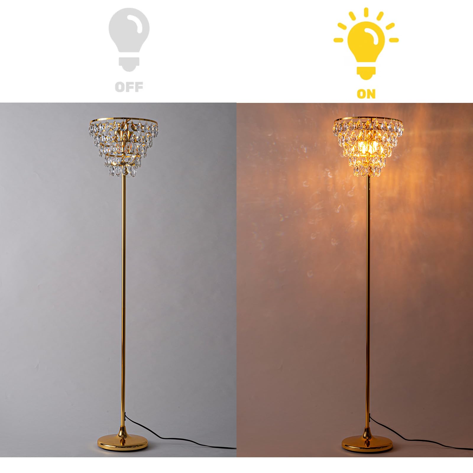 Alpinaluz Kryształowa lampa stojąca – stylowy design ze złotą podstawą, abażurą wodospadową i 3 lampami E14, nowoczesny styl do salonu, sypialni i biura