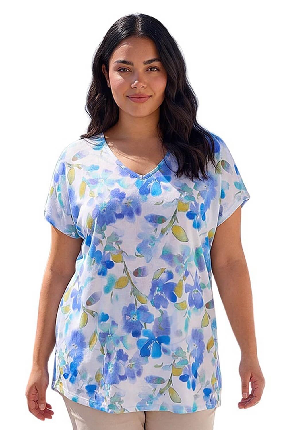 Roman Originals Women's Plus Floral Blue Roman Curve Animal Print Woven Top For Uk - Everyday Holiday Spring Summer V-Neckline Comfy Soft Evening Vacation Work Party - Size 18