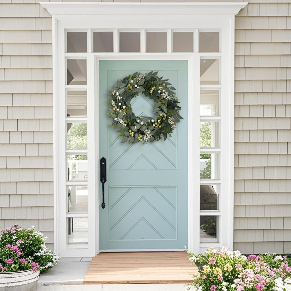 Couronne d'eucalyptus pour porte d'entrée, 50 cm, couronne d'eucalyptus artificielle verte avec baies pour murs, fenêtres, véranda, décoration de fête