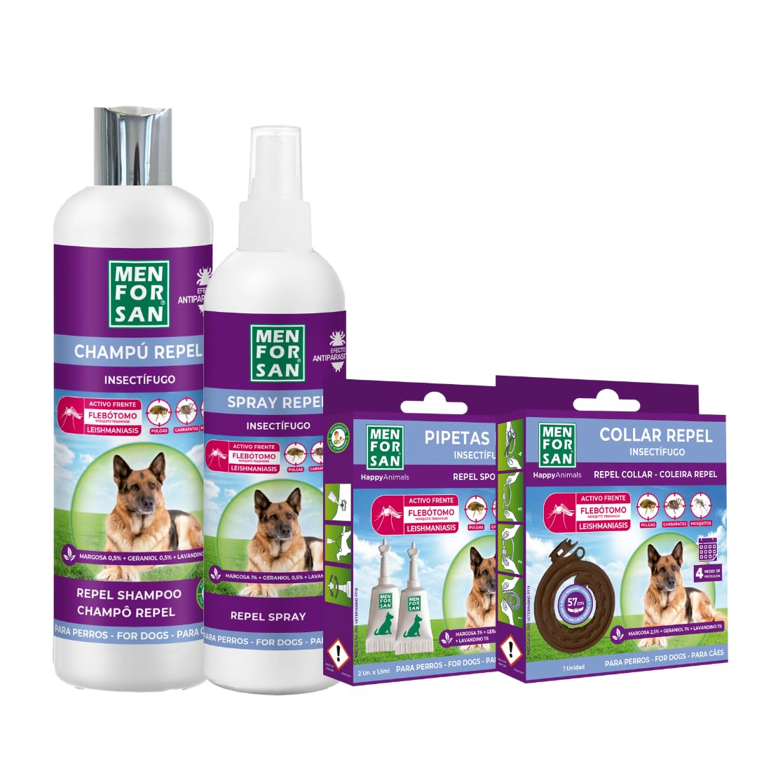 MENFORSAN, Pack de 4 Productos antiparasitarios para Perros, Contiene Cuatro Productos repelentes, Collar, Champú, Spray y Dos Unidades de pipetas Anti Insectos, Combate Cualquier Insecto