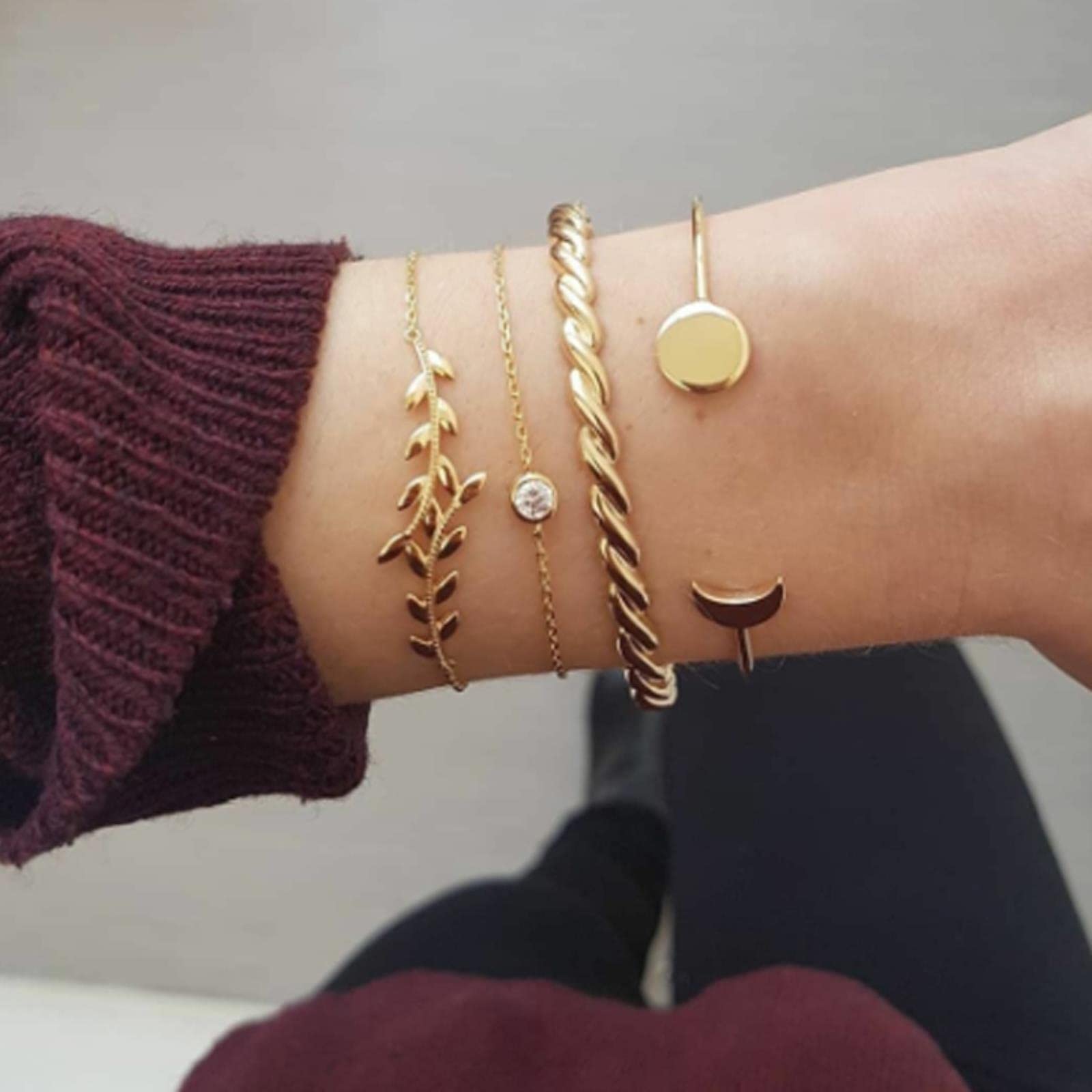 bransoletka w stylu bohemy, Czeska złota bransoletka z kryształowym liściem księżyca i opalem otwartym łańcuszkiem dla kobiet, luksusowa Bangle Femme Jewelry Gift