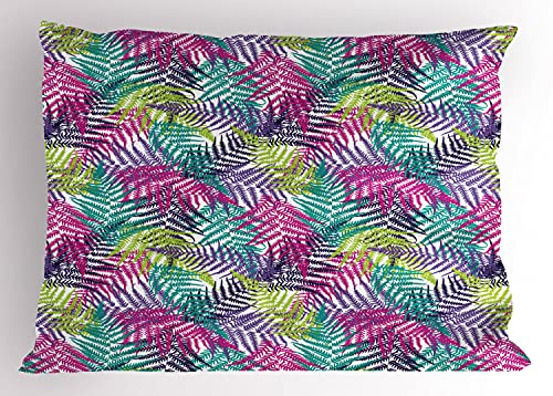 Lunarable Leaves Pillow Sham Set of 2, Hawaiian Art Colorful and Exotic Fern Fronds Pattern on Plain Backdrop, Quality Microfiber Bedding Item for All Seasons, 30