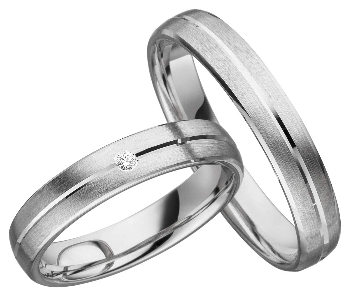JC Trauringe 925er Sterling Silber Paar-Preis I Eheringe mit kostenfreier Gravur I Partnerringe 4,0mm breit inkl. Etui I Herren-Ring ohne & Damen-Ring mit Zirkonia-Stein I Größe 48 bis 72 I S002