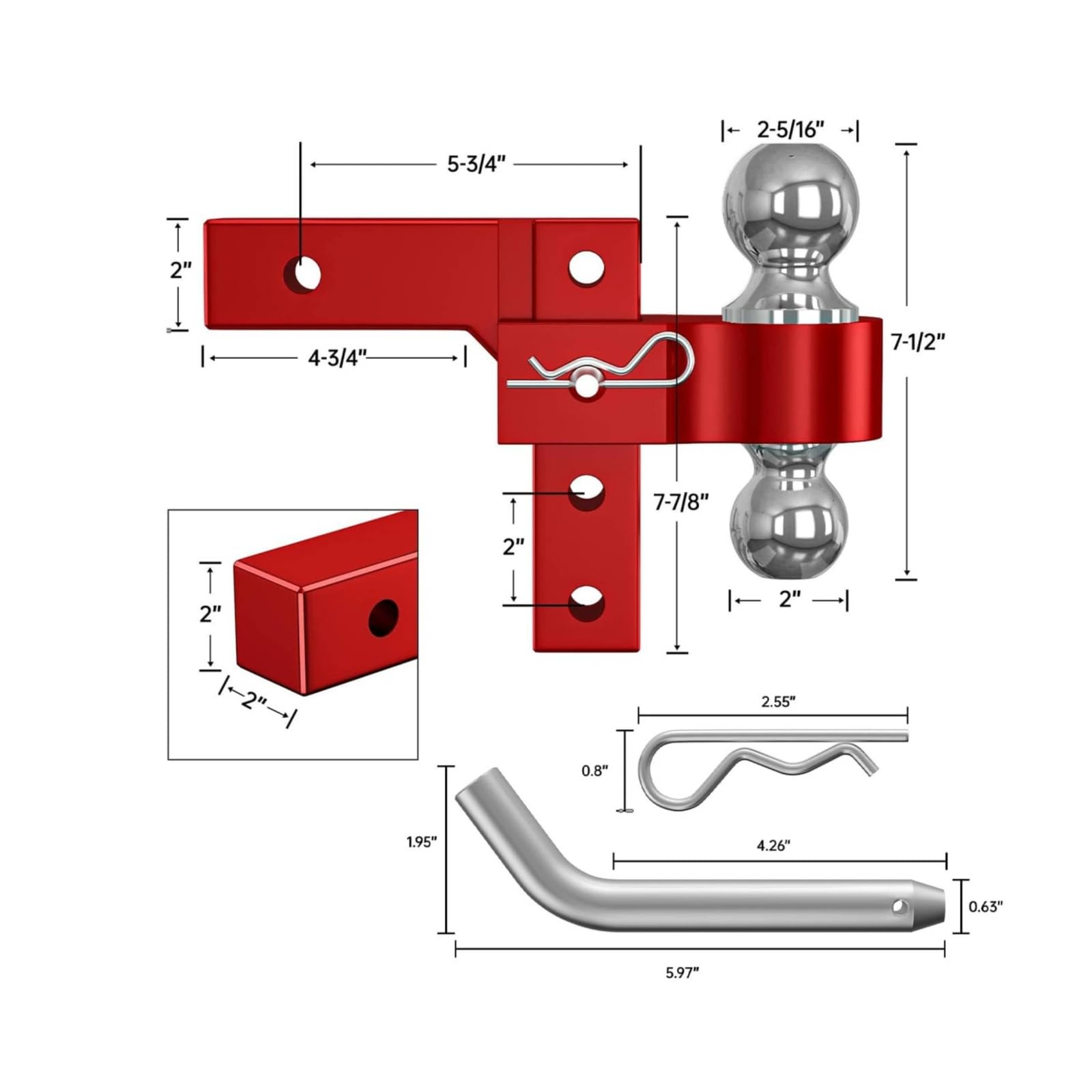 Almencla Enganche de Remolque Ajustable con Acople Doble Bolas Intercambiables y Altura Regulable Estructura en Aleación de Aluminio Vástago Estándar 2pulgadas, Rojo