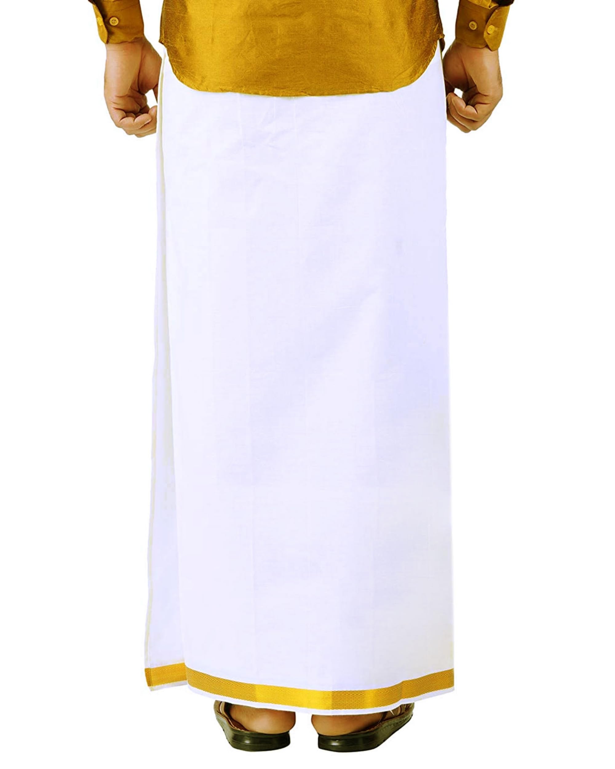 Prakasam Cotton Mens Ss Gold Jari Border Flexi Size Welcro Pocket Dhoti (Medium, White)