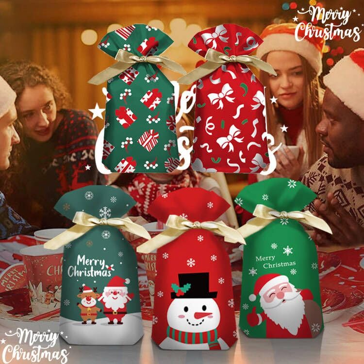 50pcs Christmas Candy Treat Bags Christmas Drawstring Gift Plastic