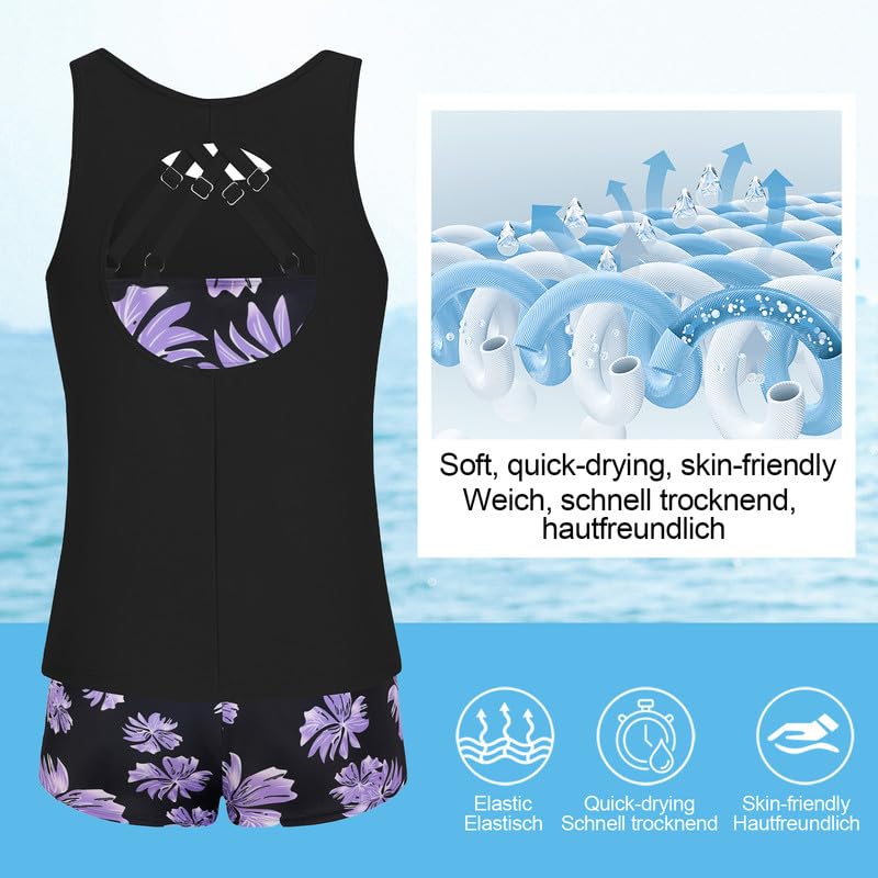 JASAMBAC Tankini da donna in 3 pezzi, bikini push up e pantaloncini da bagno a vita alta, costume da bagno semplice, costume da bagno sportivo da donna, costume da bagno per piscina, spiaggia