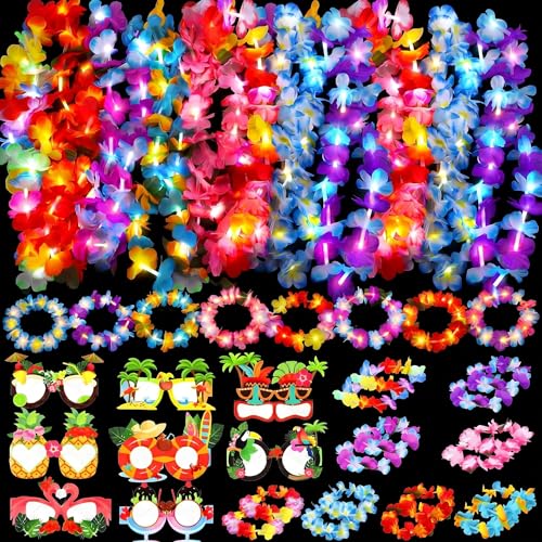 Shappy 80 Pcs Light up Hawaiian Leis Set LED Flower Leis Bulk Luau Party