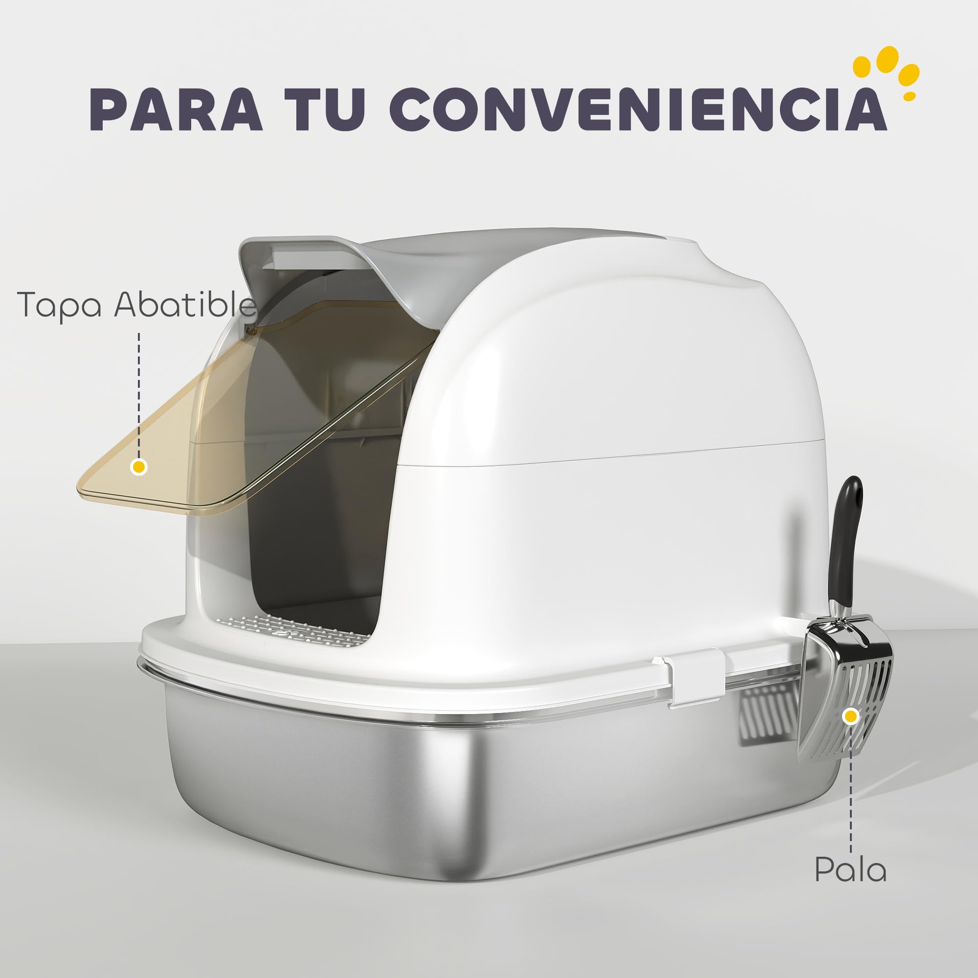 PawHut Arenero para Gatos de Acero Inoxidable XL con Tapa Abatible Blanco | Caja de Arena para Gatos, Laterales Altos, Entrada Superior, Pala, Sin Olores, Fácil de Limpiar, Antifugas
