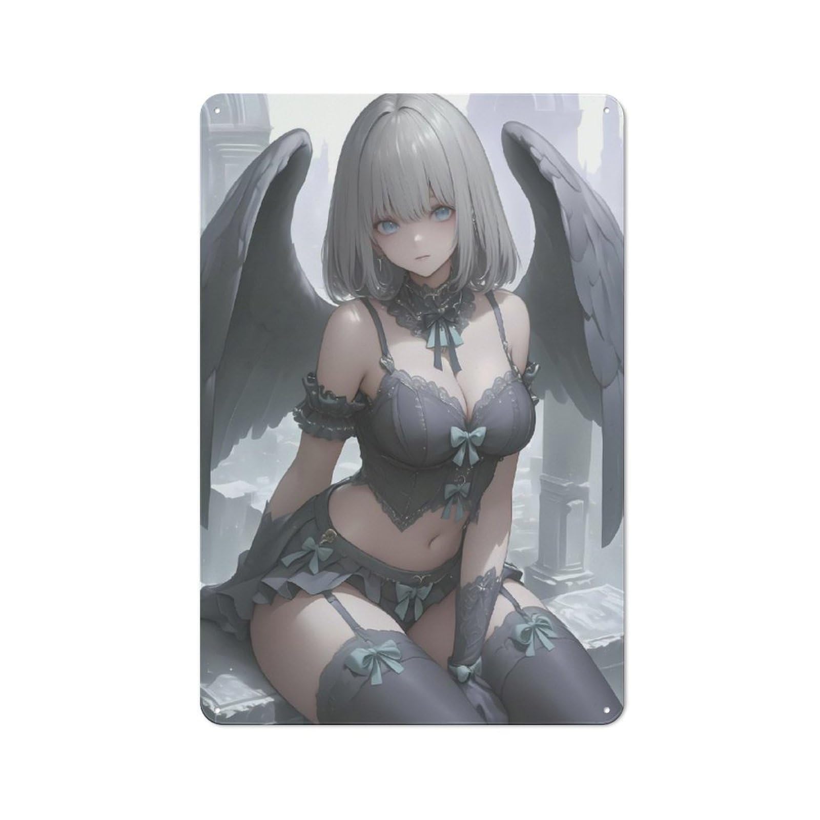 Understated Office Metal Sign 30x20cm Featuring Angel with Black Wings Anime Girl Gaming, Studio Wall Plaque for Office, Study, Studio Or Hallway