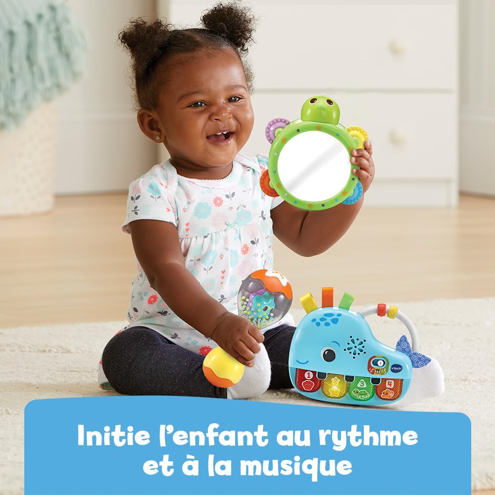 VTech – Estuche de música de Mis primeros instrumentos, primeros juguetes para bebés, piano luminoso e interactivo, pandereta espejo y sonajero Maracas, regalo de nacimiento – Contenido en francés