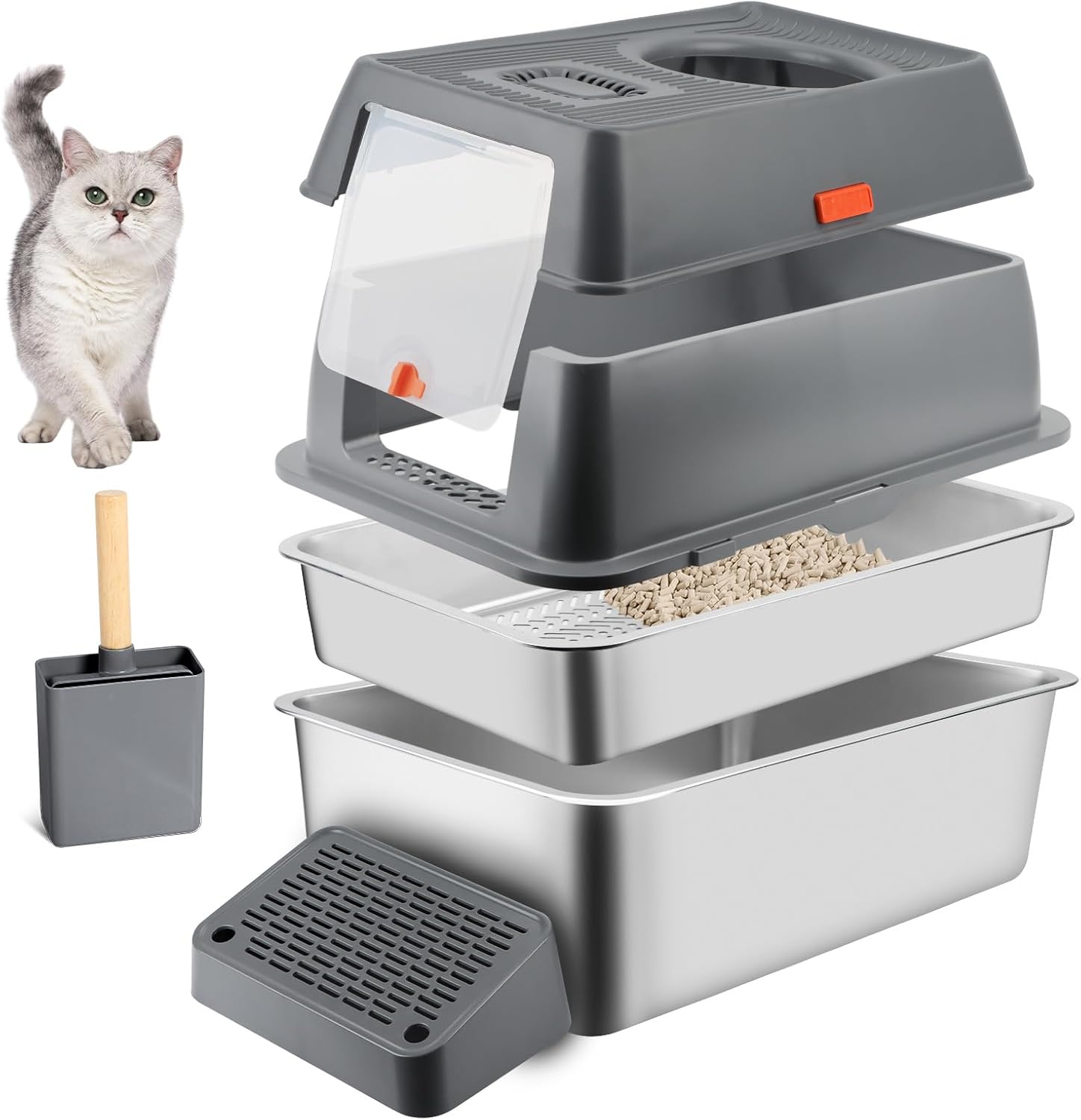 Stainless Steel Litter Box with Sifting Pan, XXL 23.6"L x 15.7"W x 17.7”H Enclosed High Sided Removable Metal Cat Litter Box withLid, Scoop, Anti-Leakage, Non-Sticky, Easy Cleaning (Dark Grey) Dark Gray: with sifting pan