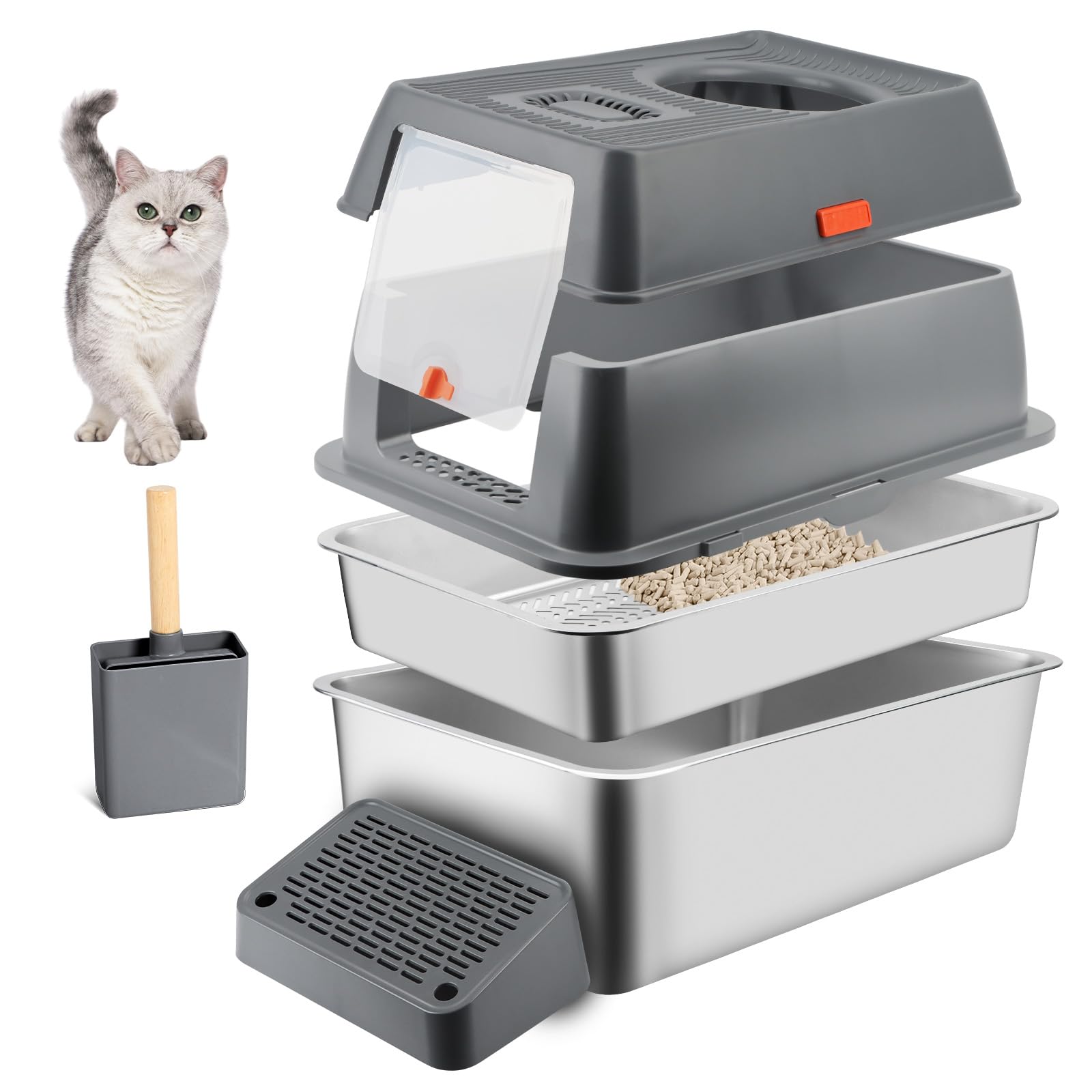 Stainless Steel Litter Box with Sifting Pan, XXL 23.6"L x 15.7"W x 17.7”H Enclosed High Sided Removable Metal Cat Litter Box withLid, Scoop, Anti-Leakage, Non-Sticky, Easy Cleaning (Dark Grey)