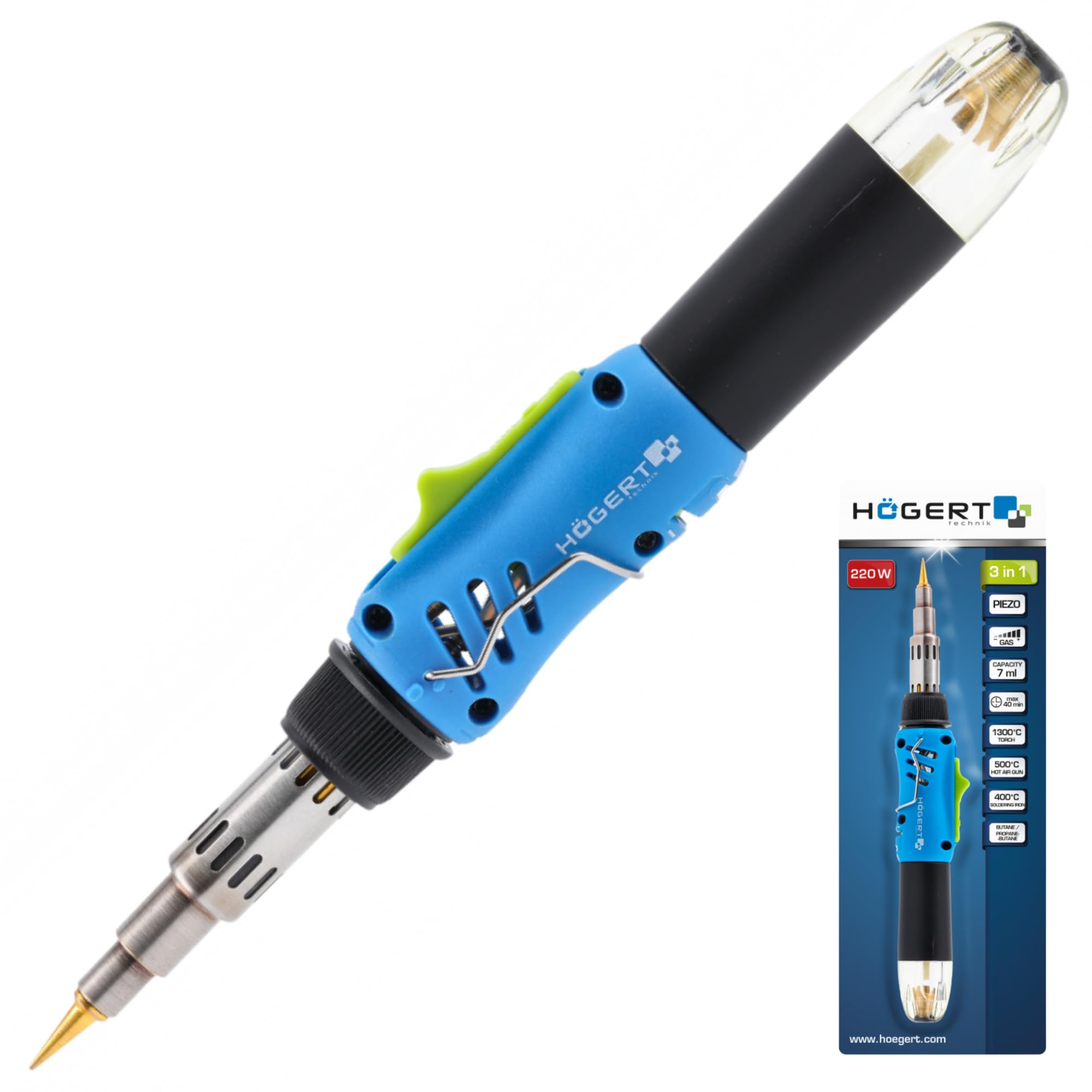 HÖGERT TECHNIK Saldatore a gas 3 in 1, 220 W, accensione piezoelettrica, saldatore (400 °C), bruciatore (1300 °C), senge (550 °C), butano propano, compatto, ergonomico, 40 minuti