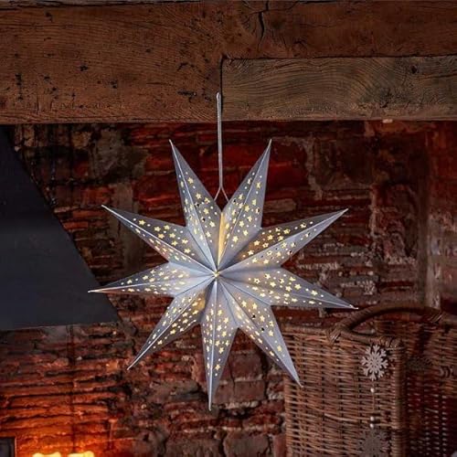 Marco Paul Large 50cm LED Light-Up Silver Origami Star Christmas Decoration Battery Operated Hanging Ornament with Auto Timer Festive Indoor Xmas Home Décor Light