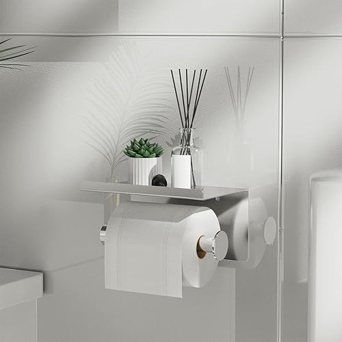 Miniatura 7 de Soporte de papel higiénico adhesivo con estante para teléfono, soporte para rollo de papel higiénico montado en la pared, soporte para rollo de