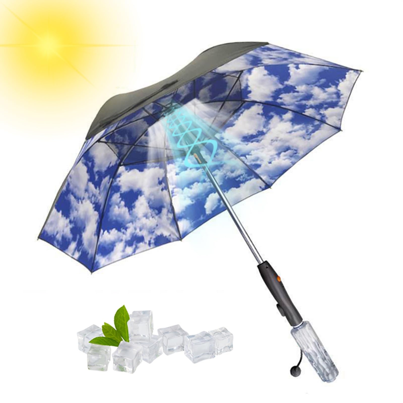 BBEQRVV Umbrella with Fan and Mist Spray, Misting Fan Umbrella with Sun Protection, Usb Rechargeable Mist Spray Umbrella, for Golf, Walking(Light Blue)